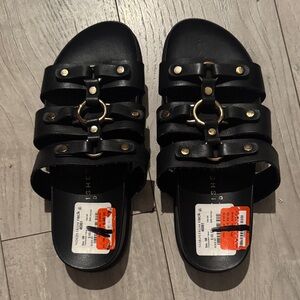 Marc Fisher Black Strappy Slide Sandals with Gold Hardware